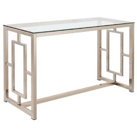 Contemporary Metal Sofa Table with Glass Top & Geometric Motif